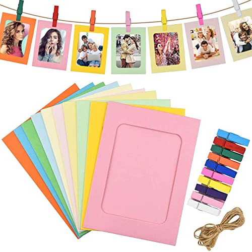 DMZK 30 Stück Papier Fotorahmen, Bunt Bilderrahmen aus Karton mit Mini Holzklammern und Hanfseil DIY Bilderrahmen Pappe Set für Home School Office Wandparty Dekoration von DMZK