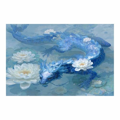 DMZPKZB Chinesische Ölmalerei Blaue Drags Wasserlilien Geeignet für Büro, Schlafzimmer, Badezimmer, Sofa Studie zur Hoteldekoration Wandkunst Malerei(Blau)-30x45cm von DMZPKZB