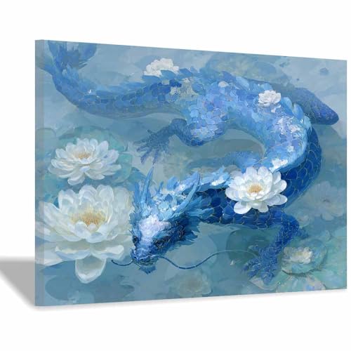 DMZPKZB Chinesische Ölmalerei Blaue Drags Wasserlilien Geeignet für Büro, Schlafzimmer, Badezimmer, Sofa Studie zur Hoteldekoration Wandkunst Malerei(Blau)-70x100cm von DMZPKZB