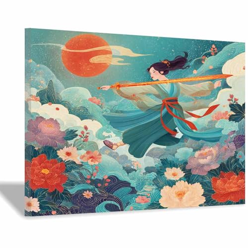 DMZPKZB Chinesische Ölmalerei Charakter winkende Ärmel Geeignet für Büro, Schlafzimmer, Badezimmer, Sofa Studie zur Hoteldekoration Wandkunst Malerei(Grün)-60x90cm von DMZPKZB