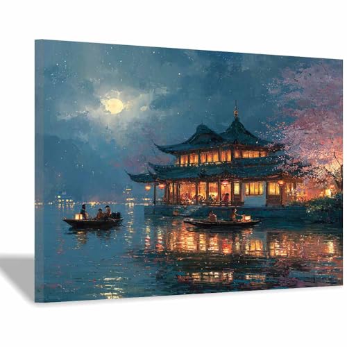 DMZPKZB Chinesische Ölmalerei Nacht Pavilis Geeignet für Büro, Schlafzimmer, Badezimmer, Sofa Studie zur Hoteldekoration Wandkunst Malerei(Rotholzfarbe)-50x70cm von DMZPKZB
