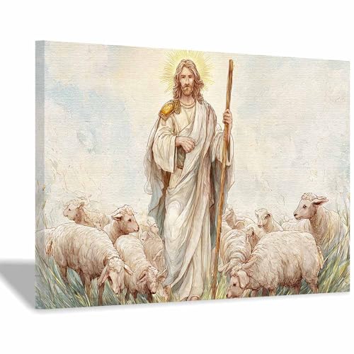 DMZPKZB Jesus Leinwand Wanddekoration Jesus und die Schafe Christliche Wandmalereien，Geeignet für Wohnzimmer, Schlafzimmer, Kirchenhausdekoration(Weiß37)-60x90cm Gerahmt von DMZPKZB