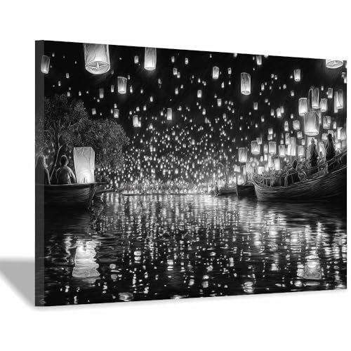 DMZPKZB Schwarz-Weiß-Wandkunst Himmel Laterne Nacht Raumdekor-Poster & Bilder,für Wohnzimmer, Schlafzimmer, Küche, Badezimmer, Wanddekoration(Schwarz Weiß)-30x45cm Gerahmt von DMZPKZB