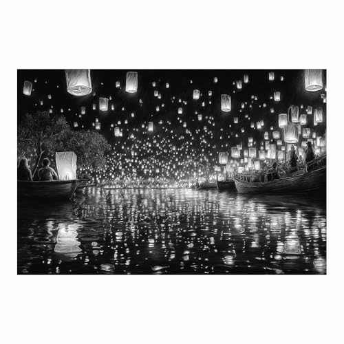 DMZPKZB Schwarz-Weiß-Wandkunst Himmel Laterne Nacht Raumdekor-Poster & Bilder,für Wohnzimmer, Schlafzimmer, Küche, Badezimmer, Wanddekoration(Schwarz Weiß)-30x45cm Ungerahmt von DMZPKZB
