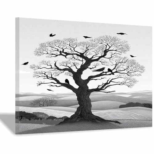 DMZPKZB Schwarz-Weiß-Wandkunst Le Baum in der Wildnis Raumdekor-Poster & Bilder,für Wohnzimmer, Schlafzimmer, Küche, Badezimmer, Wanddekoration(Schwarz Weiß)-80x120cm Gerahmt von DMZPKZB