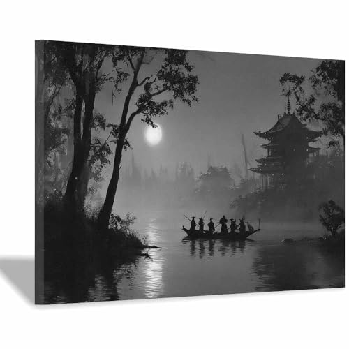 DMZPKZB Schwarz-Weiß-Wandkunst Molit Boote eine Molit Nacht Raumdekor-Poster & Bilder,für Wohnzimmer, Schlafzimmer, Küche, Badezimmer, Wanddekoration(Schwarz Weiß)-60x90cm Gerahmt von DMZPKZB