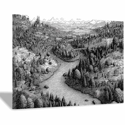 DMZPKZB Schwarz-Weiß-Wandkunst River Valley Stadt Raumdekor-Poster & Bilder,für Wohnzimmer, Schlafzimmer, Küche, Badezimmer, Wanddekoration(Schwarz Weiß)-60x90cm Gerahmt von DMZPKZB