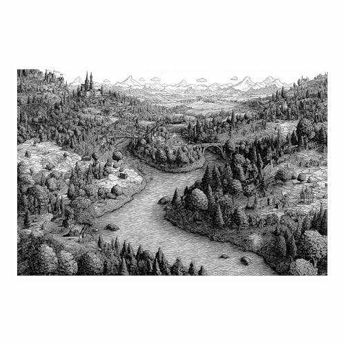 DMZPKZB Schwarz-Weiß-Wandkunst River Valley Stadt Raumdekor-Poster & Bilder,für Wohnzimmer, Schlafzimmer, Küche, Badezimmer, Wanddekoration(Schwarz Weiß)-60x90cm Ungerahmt von DMZPKZB
