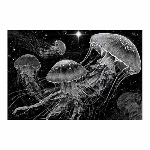 DMZPKZB Schwarz-Weiß-Wandkunst Sterne Jellyfish Raumdekor-Poster & Bilder,für Wohnzimmer, Schlafzimmer, Küche, Badezimmer, Wanddekoration(Schwarz Weiß)-60x90cm Ungerahmt von DMZPKZB