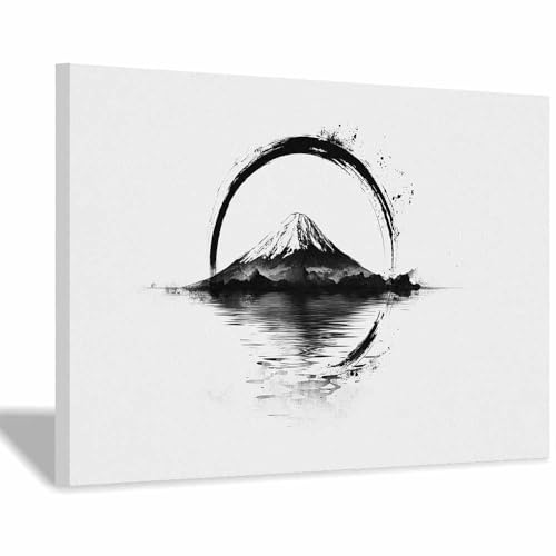 DMZPKZB Schwarz-Weiß-Wandkunst Tinte Malerei Mount Fuji Raumdekor-Poster & Bilder,für Wohnzimmer, Schlafzimmer, Küche, Badezimmer, Wanddekoration(Schwarz Weiß)-60x90cm Gerahmt von DMZPKZB