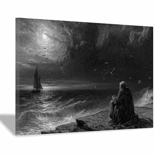 DMZPKZB Schwarz und weiß Leinwand Bilder Blick auf das Meer von einer Klippe Groß Schlafzimmer Bilder,Badezimmer Wand Deko,Wohnzimmer Moderne Wanddeko Bilderwand(Schwarz Weiß)-50x70cm Gerahmt von DMZPKZB