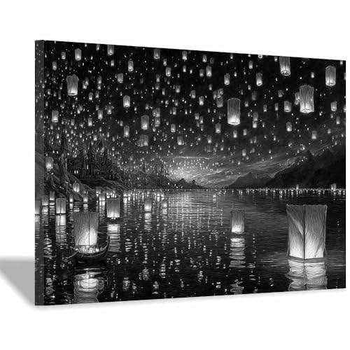 DMZPKZB Schwarz und weiß Leinwand Bilder Himmel Laterne Meer Groß Schlafzimmer Bilder,Badezimmer Wand Deko,Wohnzimmer Moderne Wanddeko Bilderwand(Schwarz Weiß)-50x70cm Gerahmt von DMZPKZB