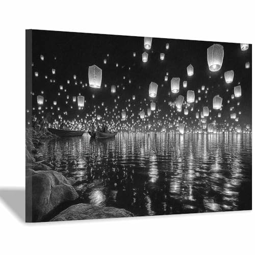 DMZPKZB bilder schwarz weiß Himmel Laterne Nacht Modern Bild auf Leinwand,Abstrakte Wandkunstdrucke,Wandbild für Wohnzimmer Schlafzimmer,Büro(Schwarz Weiß)-80x120cm Gerahmt von DMZPKZB