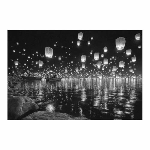 DMZPKZB bilder schwarz weiß Himmel Laterne Nacht Modern Bild auf Leinwand,Abstrakte Wandkunstdrucke,Wandbild für Wohnzimmer Schlafzimmer,Büro(Schwarz Weiß)-80x120cm Ungerahmt von DMZPKZB