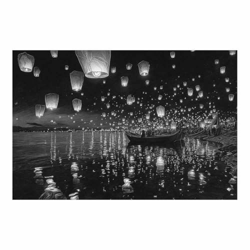 DMZPKZB bilder schwarz weiß Nacht Meer von ​​ Himmel Laternen Modern Bild auf Leinwand,Abstrakte Wandkunstdrucke,Wandbild für Wohnzimmer Schlafzimmer,Büro(Schwarz Weiß)-30x45cm Ungerahmt von DMZPKZB