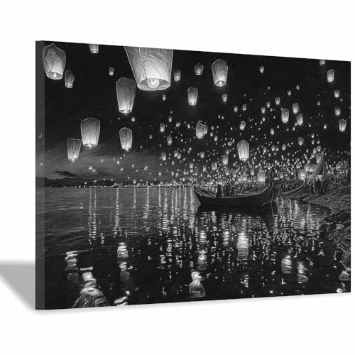 DMZPKZB bilder schwarz weiß Nacht Meer von ​​ Himmel Laternen Modern Bild auf Leinwand,Abstrakte Wandkunstdrucke,Wandbild für Wohnzimmer Schlafzimmer,Büro(Schwarz Weiß)-50x70cm Gerahmt von DMZPKZB