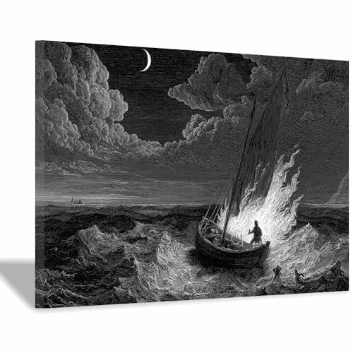 DMZPKZB bilder schwarz weiß Segelboote Molit Nacht Modern Bild auf Leinwand,Abstrakte Wandkunstdrucke,Wandbild für Wohnzimmer Schlafzimmer,Büro(Schwarz Weiß)-50x70cm Gerahmt von DMZPKZB