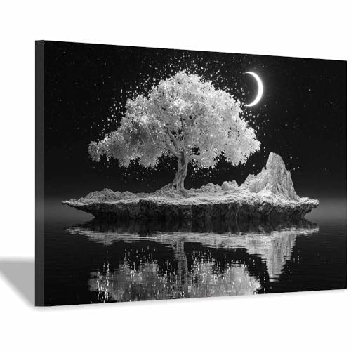 DMZPKZB poster schwarz- Lely Insel mit silbernen Bäumen Wandbilder Wohnzimmer Moderne,Poster Kunstdruck Wandbilder,für Schlafzimmer,Büro Deko Leinwandbilder(Schwarz)-80x120cm Gerahmt von DMZPKZB