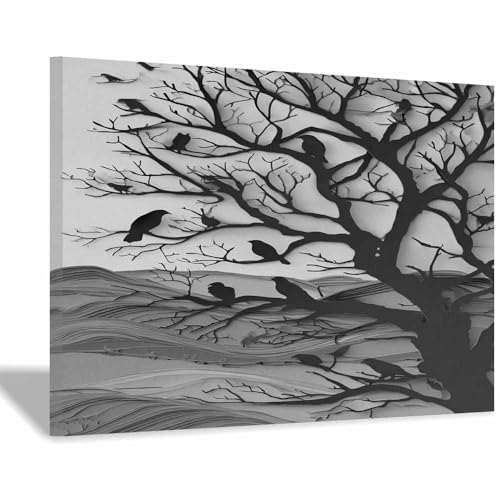 DMZPKZB poster schwarz- Schwarze Krähen mit toten Zweigen Wandbilder Wohnzimmer Moderne,Poster Kunstdruck Wandbilder,für Schlafzimmer,Büro Deko Leinwandbilder(Schwarz)-30x45cm Gerahmt von DMZPKZB