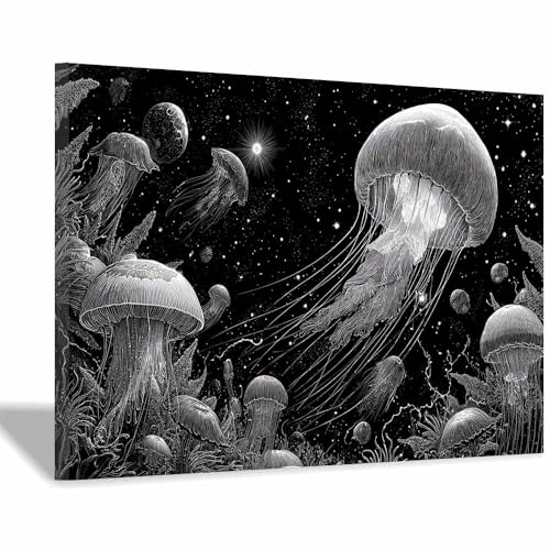 DMZPKZB poster schwarz-weiß Sterne Jellyfish Wandbilder Wohnzimmer Moderne,Poster Kunstdruck Wandbilder,für Schlafzimmer,Badezimmer,Büro Deko Leinwandbilder(Schwarz Weiß)-60x90cm Gerahmt von DMZPKZB