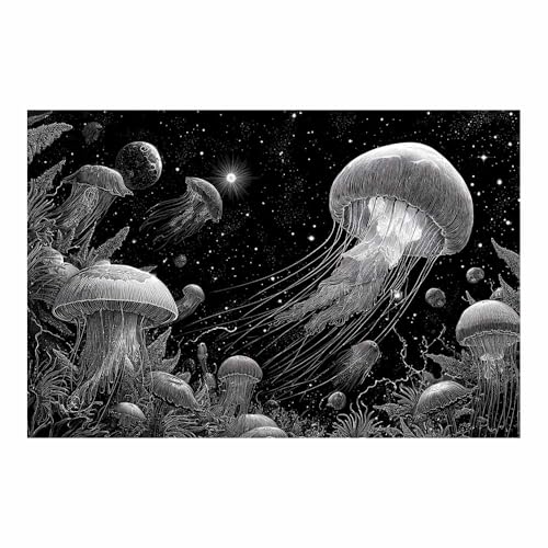 DMZPKZB poster schwarz-weiß Sterne Jellyfish Wandbilder Wohnzimmer Moderne,Poster Kunstdruck Wandbilder,für Schlafzimmer,Badezimmer,Büro Deko Leinwandbilder(Schwarz Weiß)-80x120cm Ungerahmt von DMZPKZB