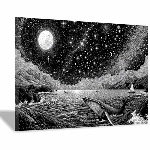 DMZPKZB poster schwarz-weiß Sternenmeer Wandbilder Wohnzimmer Moderne,Poster Kunstdruck Wandbilder,für Schlafzimmer,Badezimmer,Büro Deko Leinwandbilder(Schwarz Weiß)-70x100cm Gerahmt von DMZPKZB