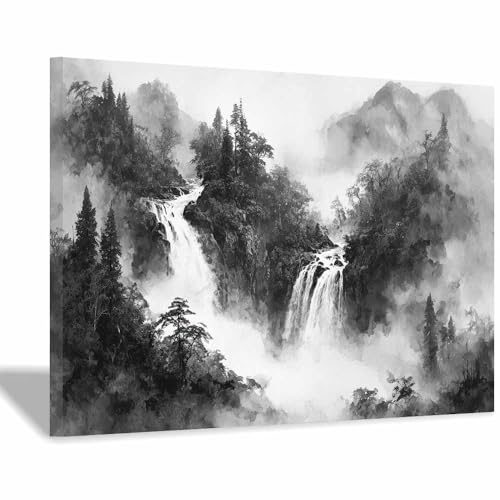 DMZPKZB schwarz weiß bilder Berge und Wasserfälle Vlies Leinwandbild Kunstdruck Wandbilder,Wohnzimmer Modern Leinwandbilder,Poster Wandbilder Schlafzimmer(Schwarz Weiß)-50x70cm Gerahmt von DMZPKZB