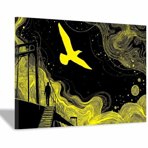 DMZPKZB schwarz weiß bilder Gelber Vogel fliegen Vlies Leinwandbild Kunstdruck Wandbilder,Wohnzimmer Modern Leinwandbilder,Poster Wandbilder Schlafzimmer(Schwarz Weiß)-80x120cm Gerahmt von DMZPKZB
