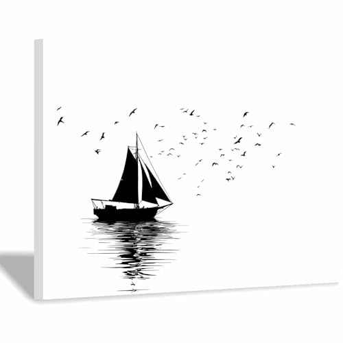 DMZPKZB schwarz weiß bilder Le Segelboote das Wasser Vlies Leinwandbild Kunstdruck Wandbilder,Wohnzimmer Modern Leinwandbilder,Poster Wandbilder Schlafzimmer(Schwarz Weiß)-30x45cm Gerahmt von DMZPKZB
