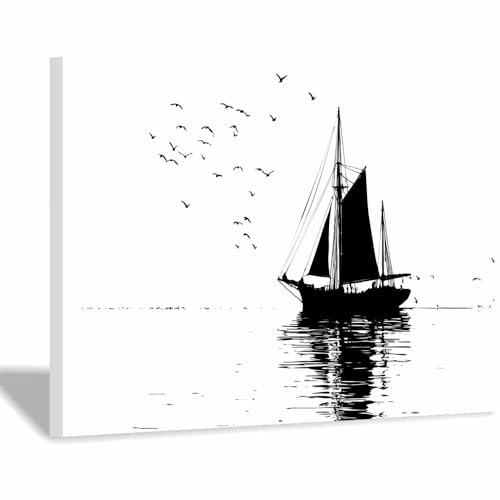 DMZPKZB schwarz weiss bilder Segelboote am Meer Modernes Dekor Kunstwerk Wand Kunst,Poster Aesthetic Wandbilder,Wohnzimmer Schlafzimmer Wanddekoration(Schwarz Weiß)-60x90cm Gerahmt von DMZPKZB