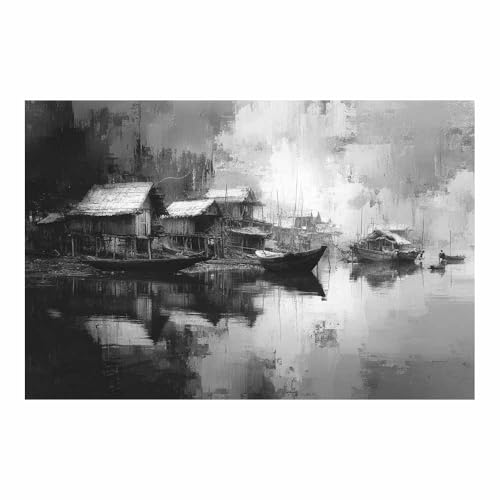 DMZPKZB schwarz weiß bilder Tinte Malerei Hausboote Vlies Leinwandbild Kunstdruck Wandbilder,Wohnzimmer Modern Leinwandbilder,Poster Wandbilder Schlafzimmer(Schwarz Weiß)-70x100cm Ungerahmt von DMZPKZB