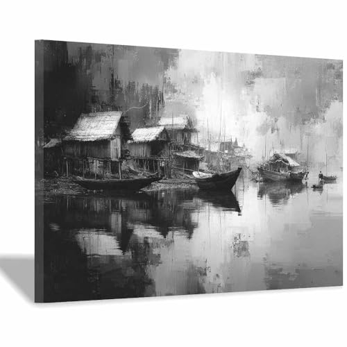 DMZPKZB schwarz weiß bilder Tinte Malerei Hausboote Vlies Leinwandbild Kunstdruck Wandbilder,Wohnzimmer Modern Leinwandbilder,Poster Wandbilder Schlafzimmer(Schwarz Weiß)-80x120cm Gerahmt von DMZPKZB
