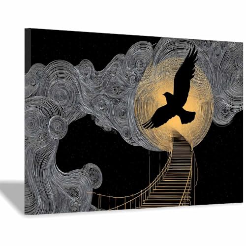DMZPKZB schwarz weiss bilder Vögel, die Treppen klettern Modernes Dekor Kunstwerk Wand Kunst,Poster Aesthetic Wandbilder,Wohnzimmer Schlafzimmer Wanddekoration(Schwarz Weiß)-80x120cm Gerahmt von DMZPKZB