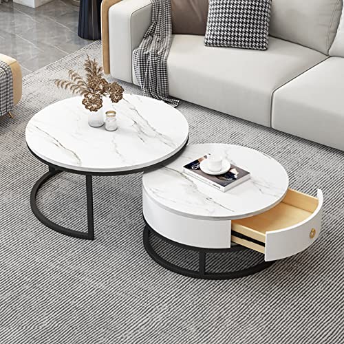 Runder Couchtisch 2er-Set, Beistelltisch-Set mit Schubladen, Sofatisch mit Schiefer-Marmor-Textur, Metallrahmen, moderner Teetisch für Schlafzimmer, Wohnzimmer, Möbel, Dekoration, multip von DMZXF