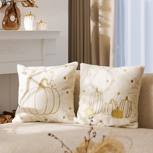 DN DECONATION 2er Set Kissenbezug Kürbis Herbst Deko 45x45 Beige und Gold Kissenbezüge Teddy-Flor Kissenhülle Herbstkissen Sofakissenbezug für Wohnzimmer Schlafzimmer Bett von DN DECONATION