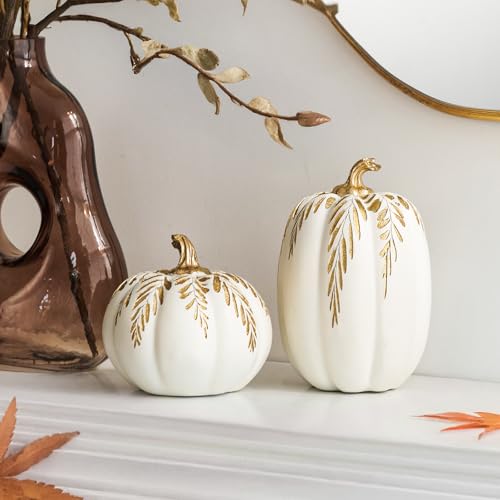 DN DECONATION Deko Kürbisse für Herbst 2er Set - Weiße Künstliche Kürbis mit Goldenem Blatt-Muster (18x11 cm & 12x13 cm) - aus Hochwertigem Kunstharz Herbstdeko Herbstdekorationen Halloween von DN DECONATION