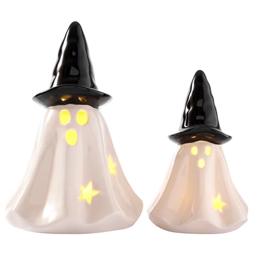 DN DECONATION Halloween Geist Deko mit Licht, 2er Set Keramik Weiß Geister mit Schwarzem Hexenhut, Geister Figur Leuchtende Dekoration Geschenke Tischdeko Herbstdeko Innen von DN DECONATION