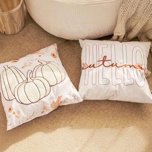 DN DECONATION Herbst Kissenbezug 45x45 2er Set Weiß Kissenhülle Kürbis Deko Kissenbezüge Sofakissen Herbstdekoration Innen Kürbis Kissen für Wohnzimmer Couch Zierkissen von DN DECONATION