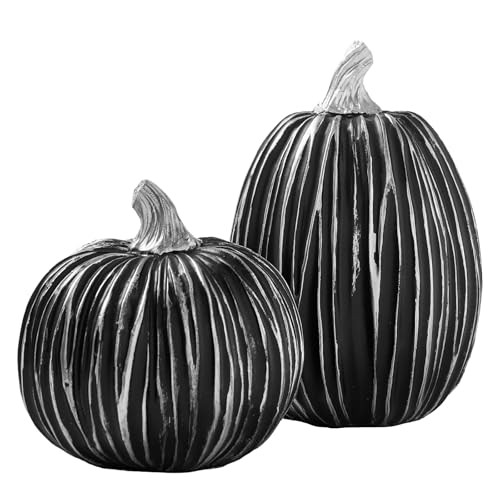 DN DECONATION Herbstdeko Kürbis Set 2er – Halloween Deko Kürbisse Schwarz mit Silber Streifen – Kürbisse Figuren aus Kunstharz Tischdeko Wohnzimmer & Eingang DN DECONATION Herbstdeko Kürbis Set 2er – Halloween Deko Kürbisse Schwarz mit Silber Streifen – Kürbisse Figuren aus Kunstharz Tischdeko Wohnzimmer & Eingang von DN DECONATION
