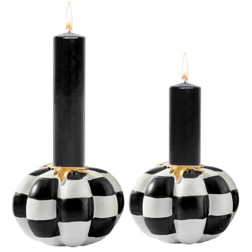 DN DECONATION Kürbis Deko Kerzenhalter 2er Set - Kürbisform Kerzenständer Schwarz und Weiß Kerzenhalter Stabkerzen Set Kürbis-Herbstdeko Kerzenleuchter für Halloween Tischdekoration von DN DECONATION