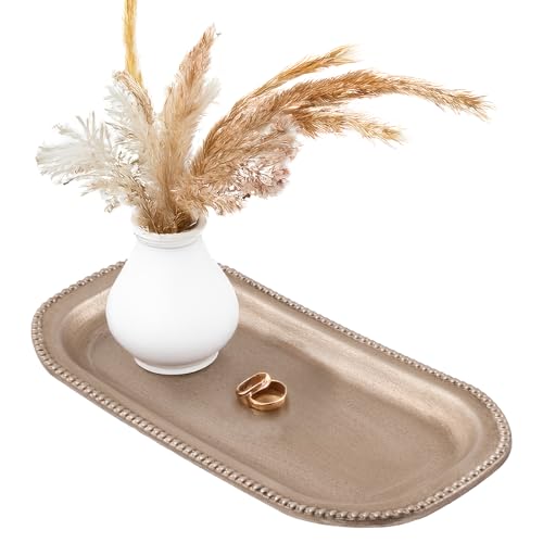DN DECONATION Holztablett Deko Tablett Serviertablett Vintage Gold Dekotablett Oval Holz mit Perlen Serviertabletts Kerzen Holztabletts für Wohnzimmer Tisch Badezimmer von DN DECONATION