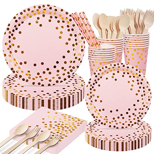 DN DENNOV 168 Piece Disposable Paper Plate Set Pink&Gold,Party Crockery Plate Napkin Cups With Straws Spoon Fork For Birthday Wedding Decorations von DN DENNOV