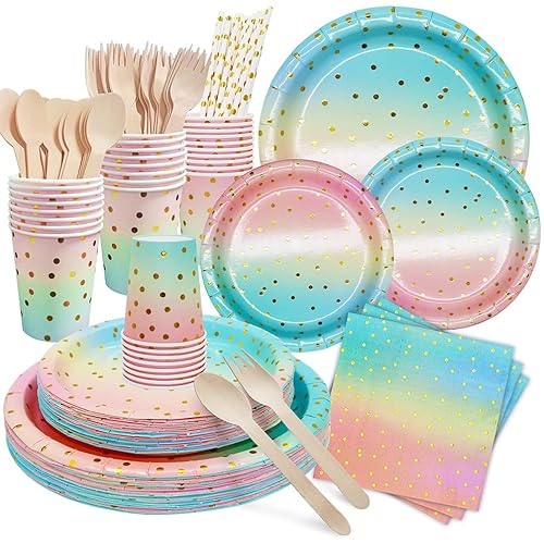 DN DENNOV 168Stück Regenbogen Partygeschirr,Partyzubehör Pappteller Set,Wiederverwendbar Papier Geschirr Set mit Teller Becher Servietten Gabellöffel aus Holz zum Geburtstag,Jubiläums-24Gäste von DN DENNOV