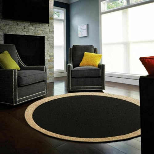 DN HANDICRAFT 5 ft schöner runder Juteteppich in Schwarz mit braunem Rand, einzigartiger BohoSchlafzimmerteppich aus Fasern, 150x150 cm (5x5 Quadratfuß), runder Teppich, Teppiche für das Wohnzimmer von DN HANDICRAFT