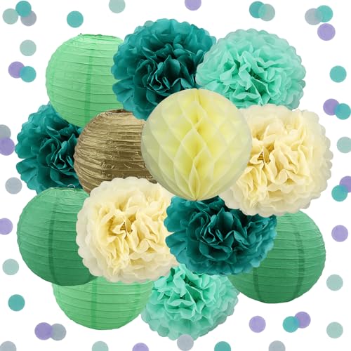 Pompons zum Aufhängen aus Seidenpapier, Goldfolie, Punkte, Papierlaterne, Konfetti ,wabenbälle,happy birthday deko,wedding decoration,deko geburtstag,baby shower,grünes neutrales Dekor von DNDGDLUA