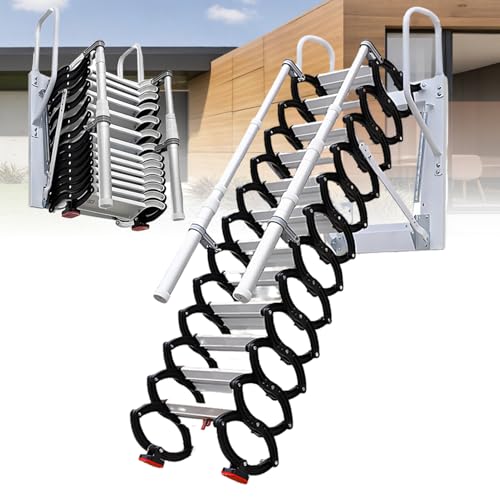An der Wand montierte, zusammenklappbare Dachbodenleiter, einziehbare, zusammenklappbare Treppe, Leiter mit Armlehnen, Leitern passen Sich Wandhöhen von 2,2 bis 3,0 m an 12steps von DNEPEI