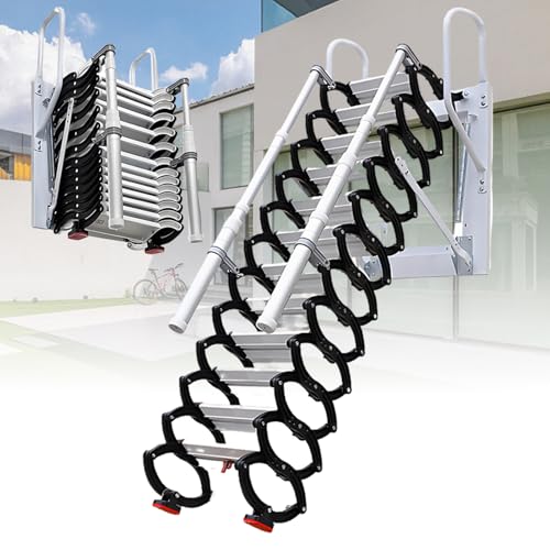 DNEPEI Einziehbare, Faltbare Dachbodenleiter, extra breitere 4-Zoll-Klappleiter zur Wandmontage mit 2 Handläufen, hergestellt aus hochwertiger Aluminium-Magnesium-Legierung 12steps von DNEPEI