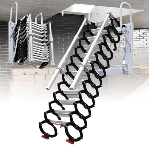 Einziehbare, Faltbare Dachbodenleiter, herunterziehbare Dachbodentreppe mit 2 Handläufen, einzigartiger S-förmiger Struktur, für den Innen- und Außenbereich/Lagerhaus/Keller 12steps von DNEPEI
