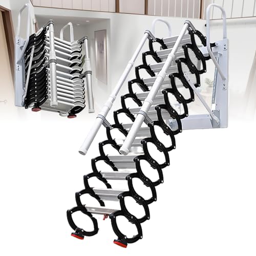 Klappbare Dachbodentreppe, an der Wand montierte klappbare Dachbodenleiter, mit Zugstange, Leitern passen Sich Wandhöhen von 2,2 bis 3,0 m für den Innen- und Außenbereich an 12steps von DNEPEI