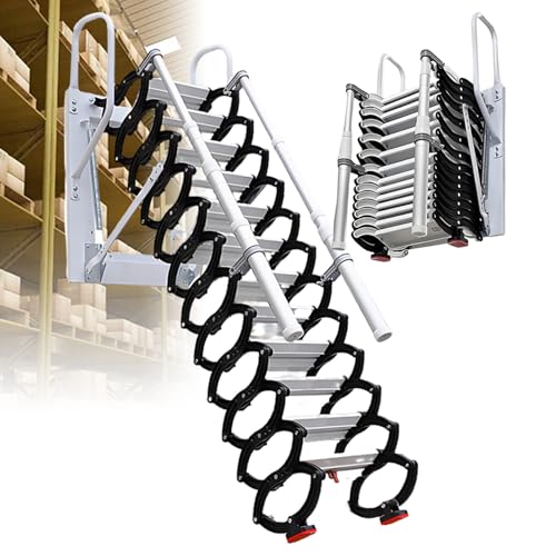 Wandmontierte Klapptreppe, Klapptreppe für Dachboden mit Handläufen, Teleskop-Dachbodenleiter, Leitern passen Sich Wandhöhen von 2,2 bis 3,9 m für den Innen- und Außenbereich an 11steps von DNEPEI